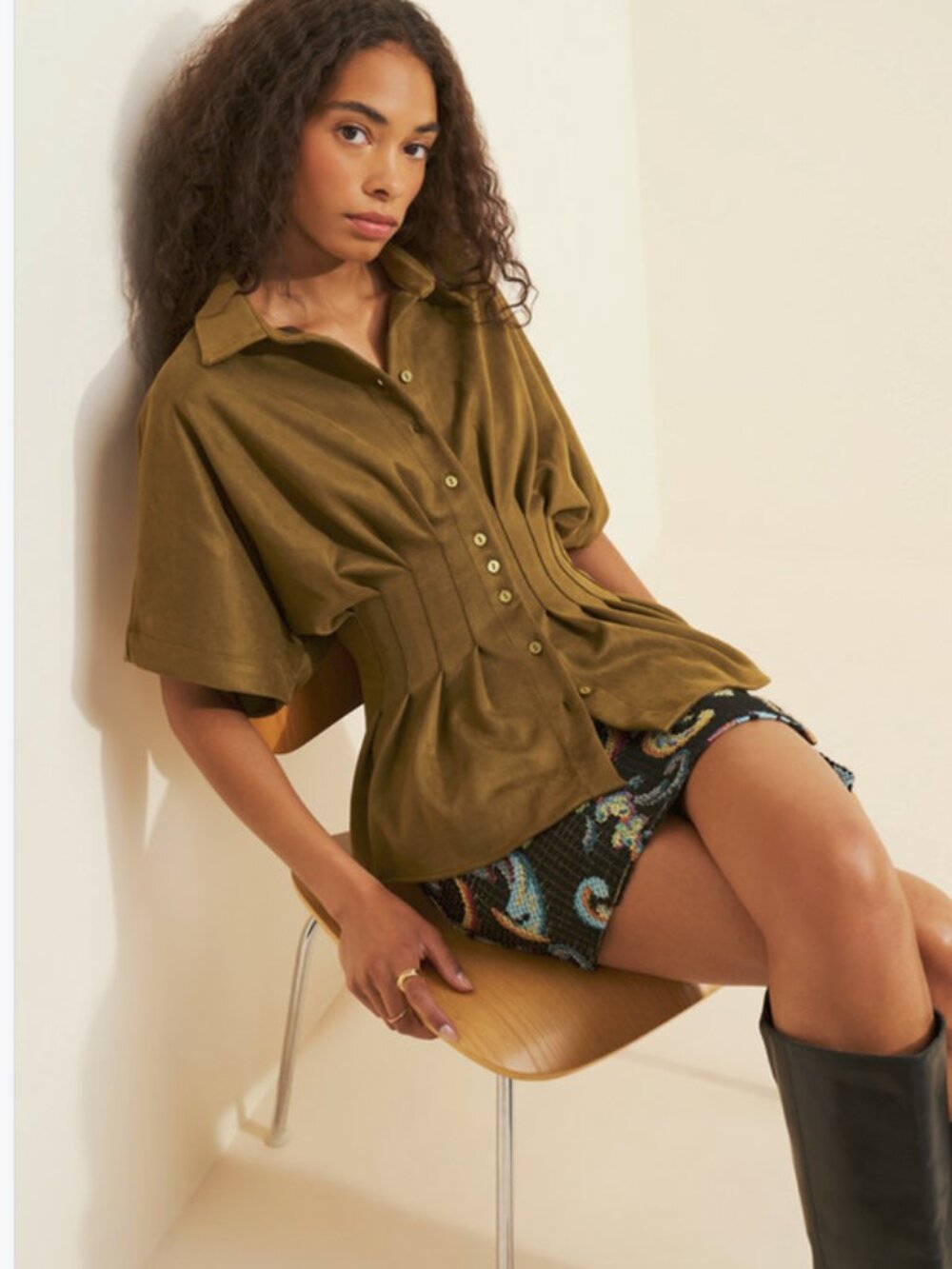 Exquise Anthropologie Tobie Vegan Suede Olive Green Button-Front Pleated Blouse